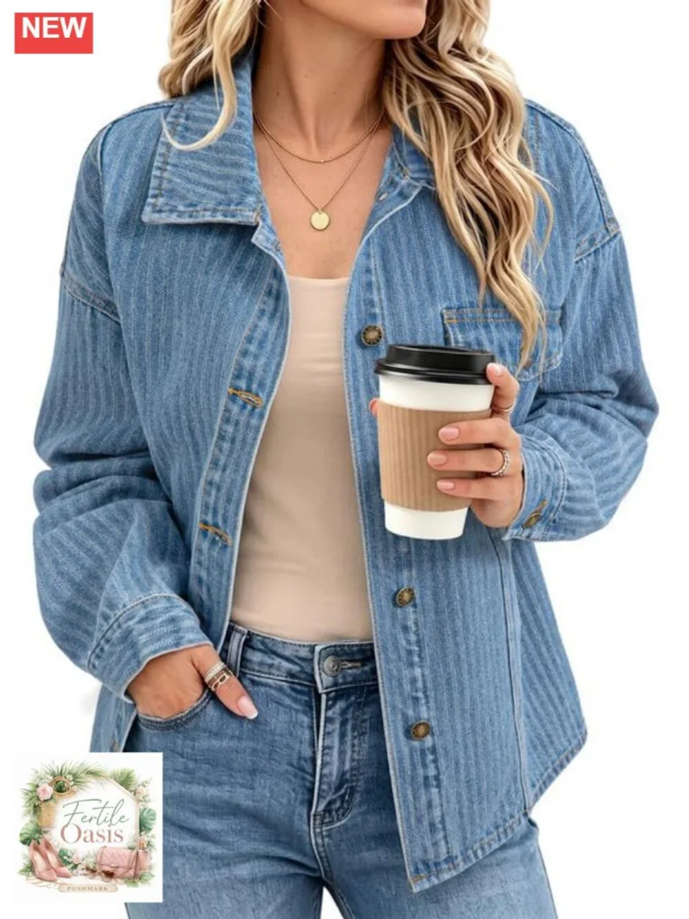 Striped Denim Shacket for Women Cotton Blend Button Down Shirt Jacket